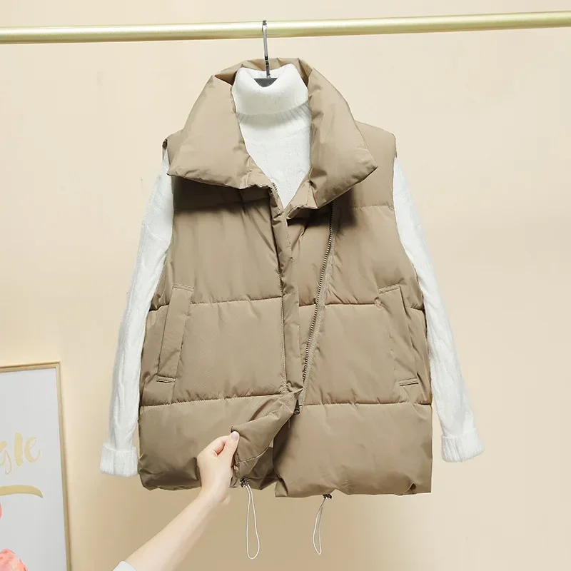 

2025 New Women Sleeveless Parkas Solid Vest Jackets Zipper Splice Thick Vests Pockets Stand Collar Coats Warm Elegant Lady Parka