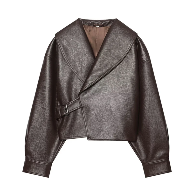Guobioziy 2026 Autumn Women's Short Faux Leather Jacket with Asymmetrical Large Lapel Street Style Casual Outing Coat