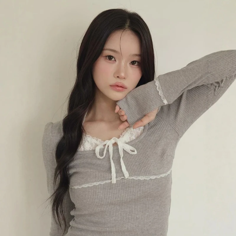 المرأة Y2k بلايز اليابانية Rojita نمط الدانتيل المرقعة التعادل وهمية قطعتين تمتد إصبع الأكمام البلوز بأكمام طويلة تي شيرت #4