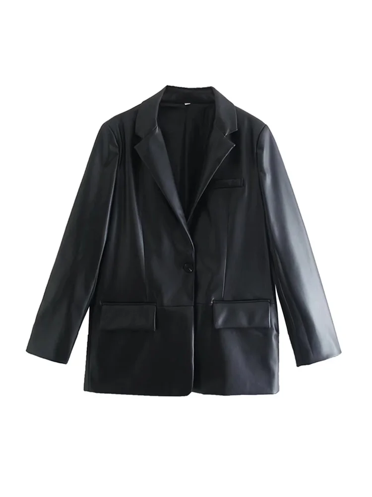 معطف بليزر نسائي أنيق من الجلد الصناعي فضفاض مناسب بنمط المال القديم وأكمام طويلة وزر أمامي ملابس خارجية أنيقة