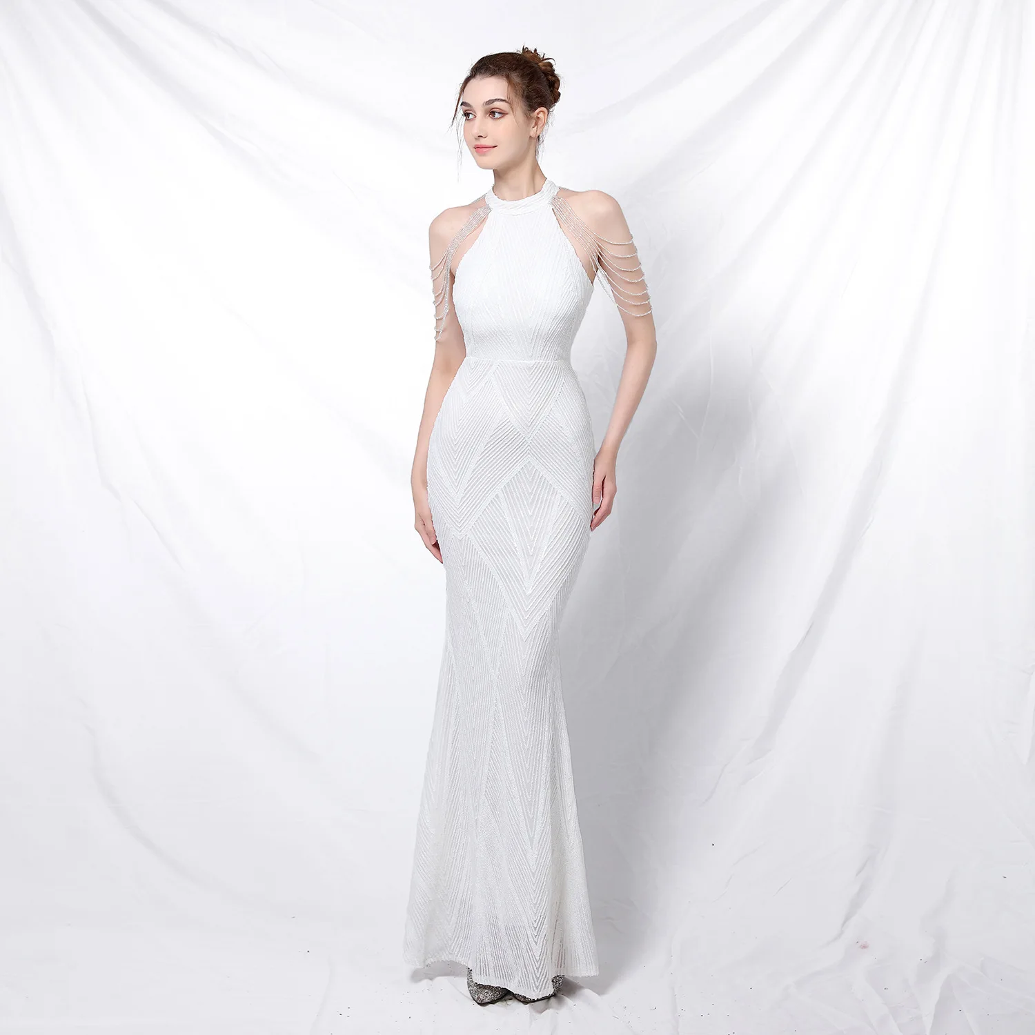 

New Banquet Style Elegant Long Hanging Neck Sequin Fish Tail Women's White Evening Dress In 6 Colors To Choose