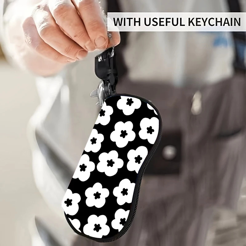Black And White Floral Eyeglasses Case Portable Zippered Sunglasses Pouch Lightweight Waterproof Storage Bag Travel Essential