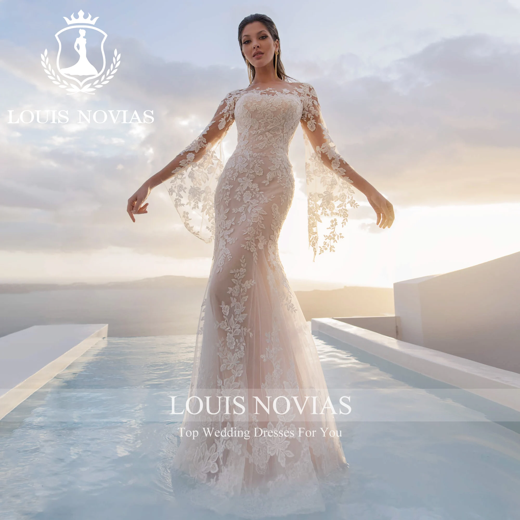 Louis novias-花嫁のためのフレアスリーブのウェディングドレス、花嫁のための花のピングラップリング,ペットの衣装,人魚のドレス,2023