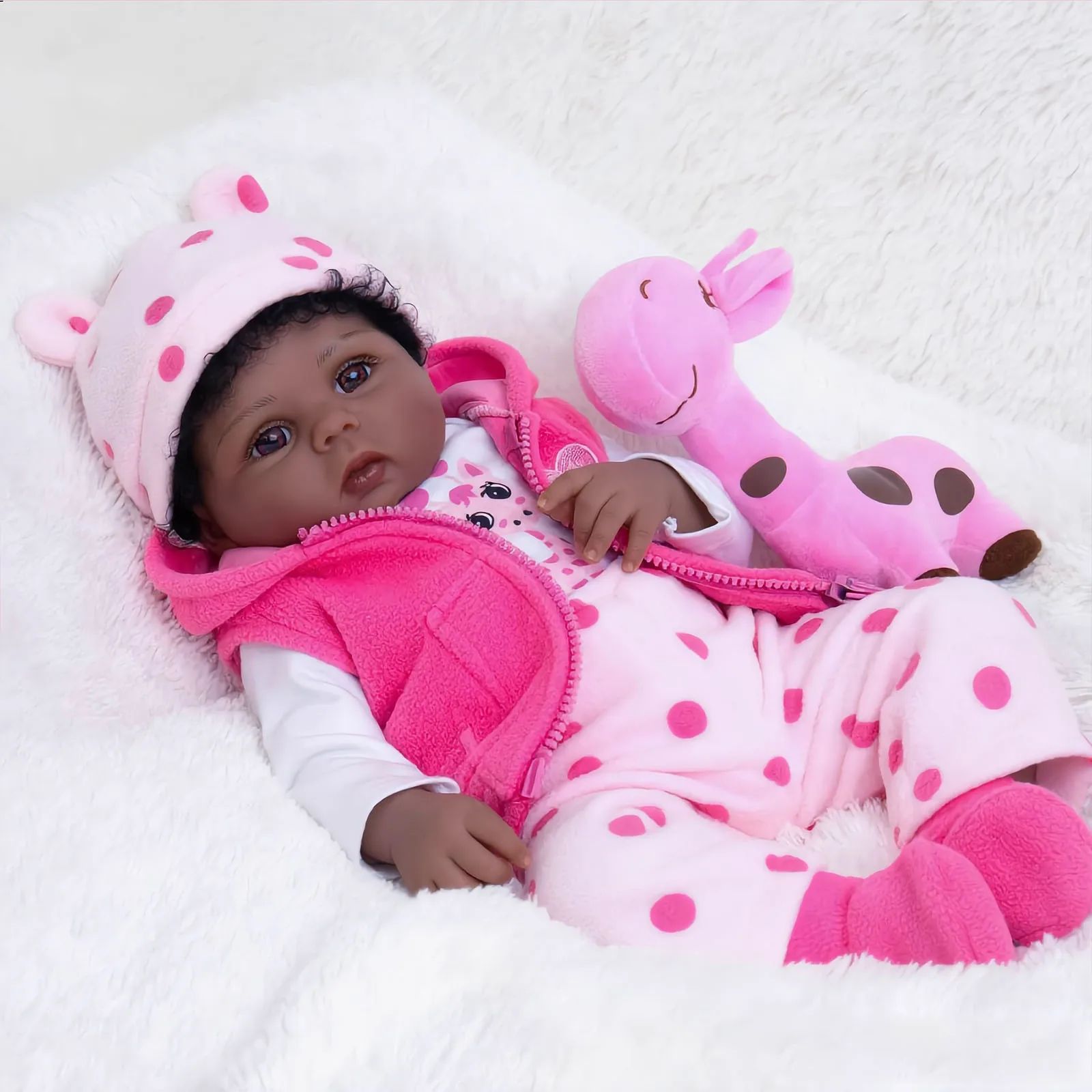 

Realistic 20 Inch Reborn Baby Doll, Black Baby Girl Doll with Brown Eyes, Soft Cloth Body, Pink Giraffe Outfit & Stuffed Toy, Weighted Doll for Play & Collecting