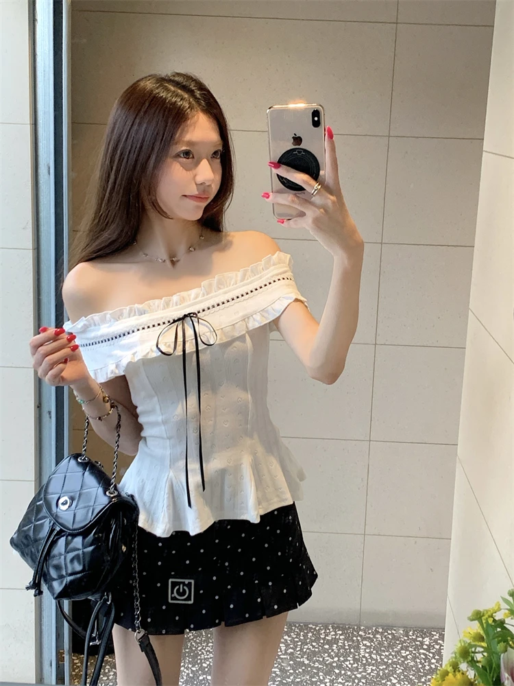 Hoge Kwaliteit Hot Selling Groothandel Ontwerp Gevoel Een Schouder Korte Mouwen T-shirt Polka Dot Tas Billen Rok Tweedelige set