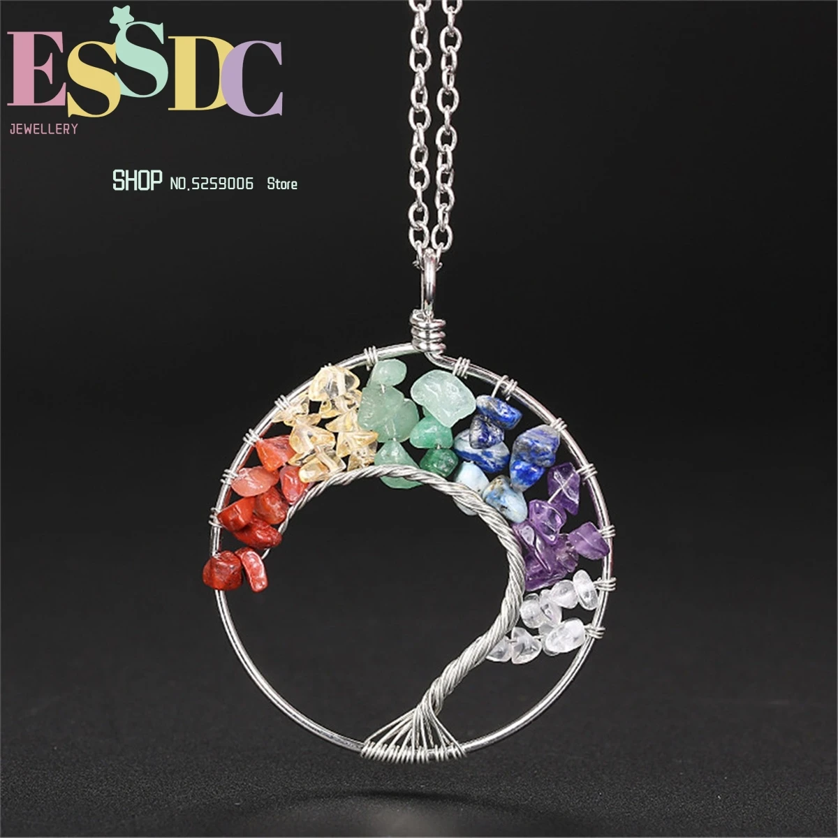 Natural Purple Crystal 7 Chakra Tree of Life Pendant Handmade Colorful Curved  Women Necklace+Leather or Link Chain