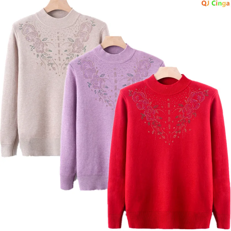 Women's red crew-neck Pullover for fall and winter, and purple long-sleeve knit sweaters.