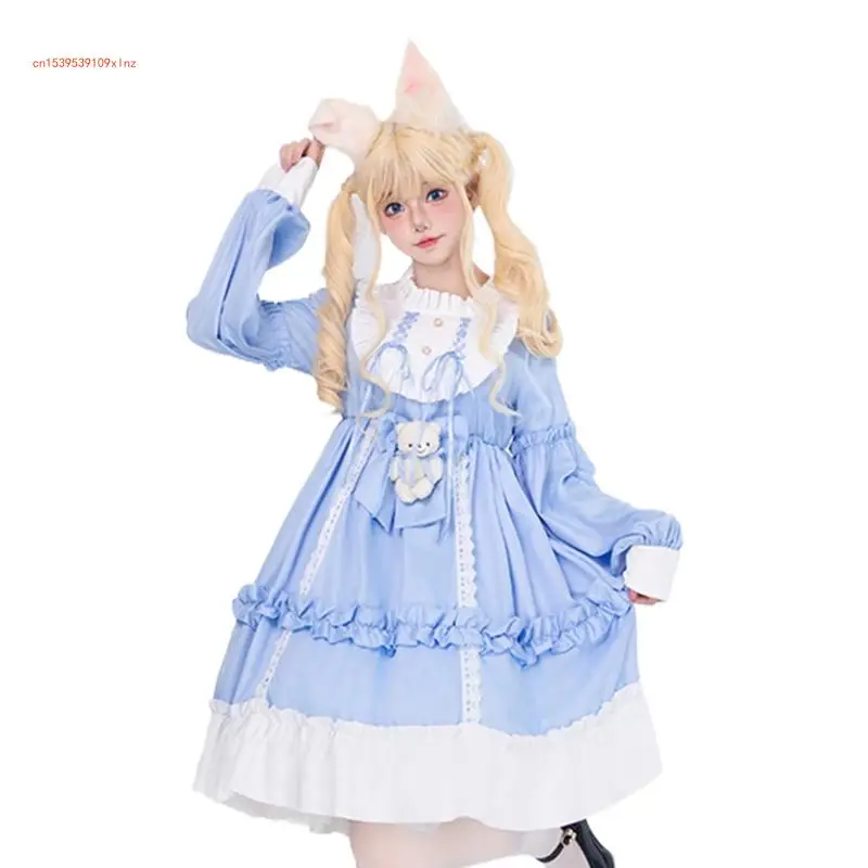 Vestido princesa com camadas renda manga comprida com laço fantasias cosplay Halloween