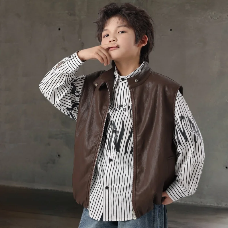 Korean Style Boys' Sleeveless Faux Leather Vest Jacket Black Brown Color PU Waistcoat For Kids Children Streetwear Outfit 3-14Y