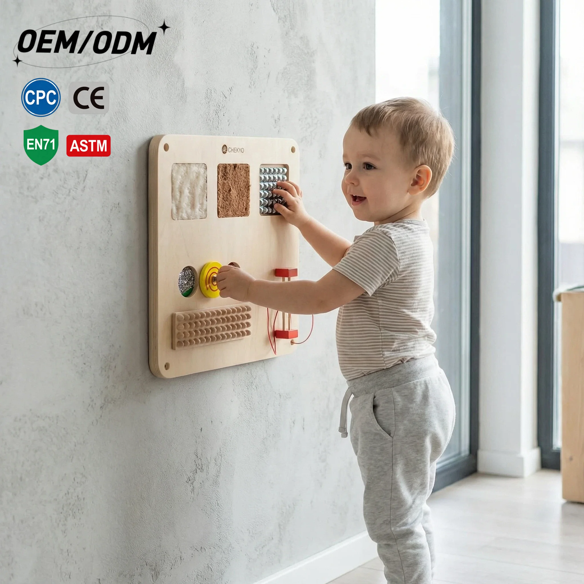 Wooden Wall-mounted Activity Board - Space-saving children's educational toy for children's material recognition and sensory