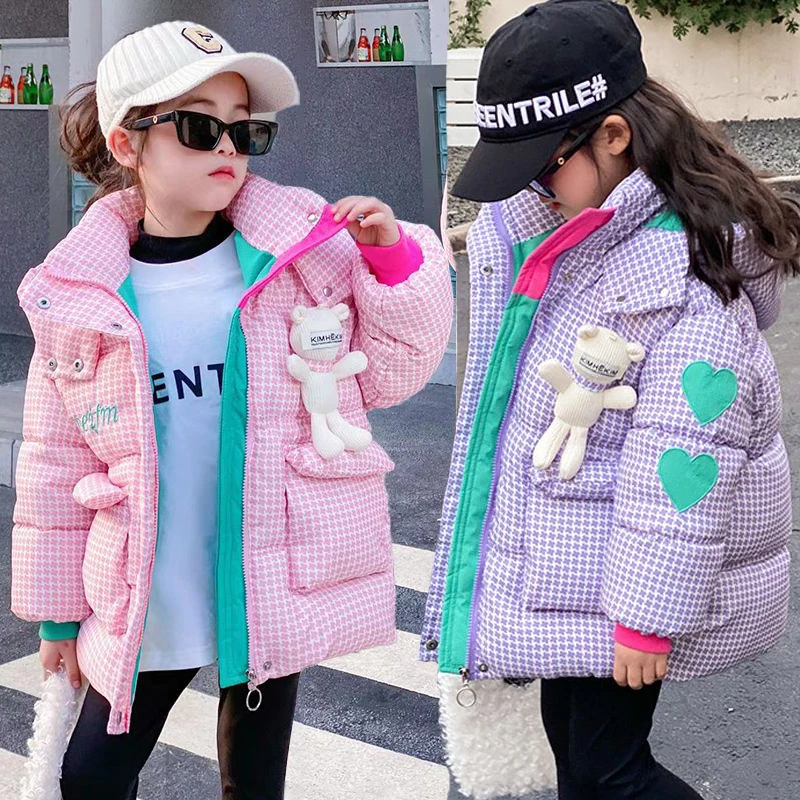 2024 Winter Keep Warm Princess Girls Jacket Grid Design Padded Lining With Velvet Hooded Heavy Coat For Kids Sent Bear Doll