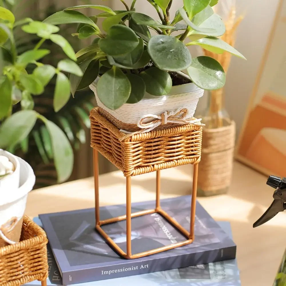 Mini Imitation Rattan Flower Pot Rack 3 Sizes with Flowerpot Indoor Decor Shelf Book Holders Rustic Wicker Plant Stand
