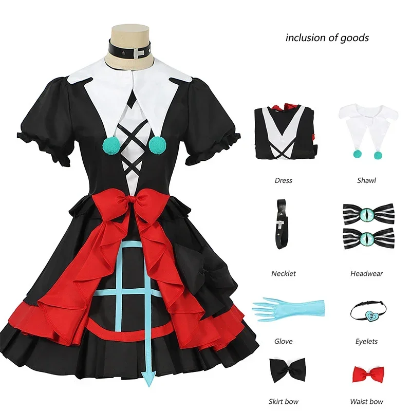 Anime Game EggyParty Cosplay Costume, Muet, Stella, Clown, Lolita, Noir, Rouge, EggParty, Robes, Doux, Femmes, Hommes, Halloween, Noël