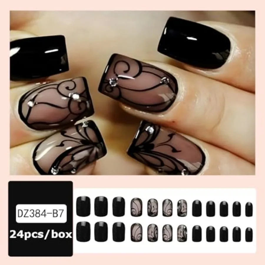 Short Square Press On Nails Nude Base Black Lace Swirl With Rhinestone Full Cover Self Adhesive Reusable For Women Daily Party DIY Manicure Supply