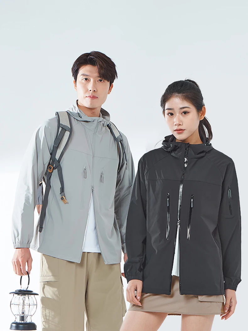 LNGXO Herren Damen Wander-Regenmantel, Sonnenschutz, Camping, Trekking, wasserdichte Jacke, Unisex, Stretch, Zwei-Wege-Reißverschluss, Windjacke – Detail 4
