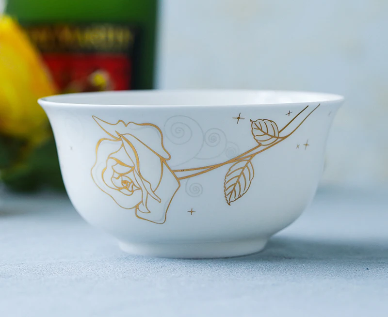 4pc Set, 4.5 Inch, Bone China Rice Bowls, Ceramic Microwave Bowl, Japanese Small Noodle Enemal Golden Rose Porcelain