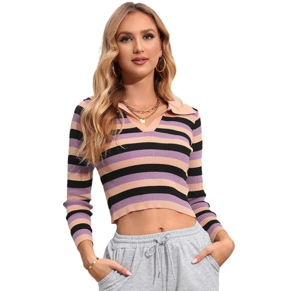 

Elegant Knitted T-Shirt with Contrasting Stripes Slimming Look Versatile Wear Long-Sleeved Short Jr2463 Wholesale Export
