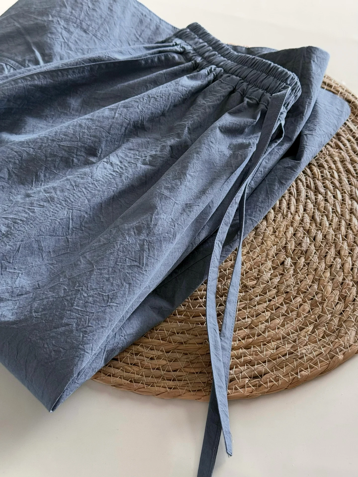 Silk Feeling A-Line Casual Pants Elastic Waist Mist Blue Seven-Foot-Length Paper Texture Women's Organic Cotton Blend Trousers