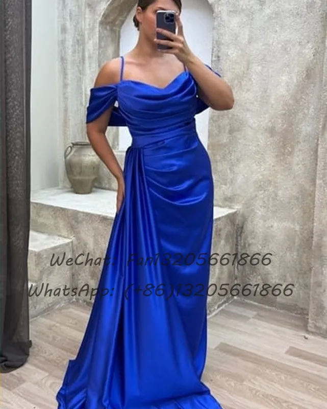 Royal Blue Long Mermaid Bridesmaid Dresses Pleat Streamer Slit Spaghetti Straps Wedding Guest Dress For Women Prom Party Gown