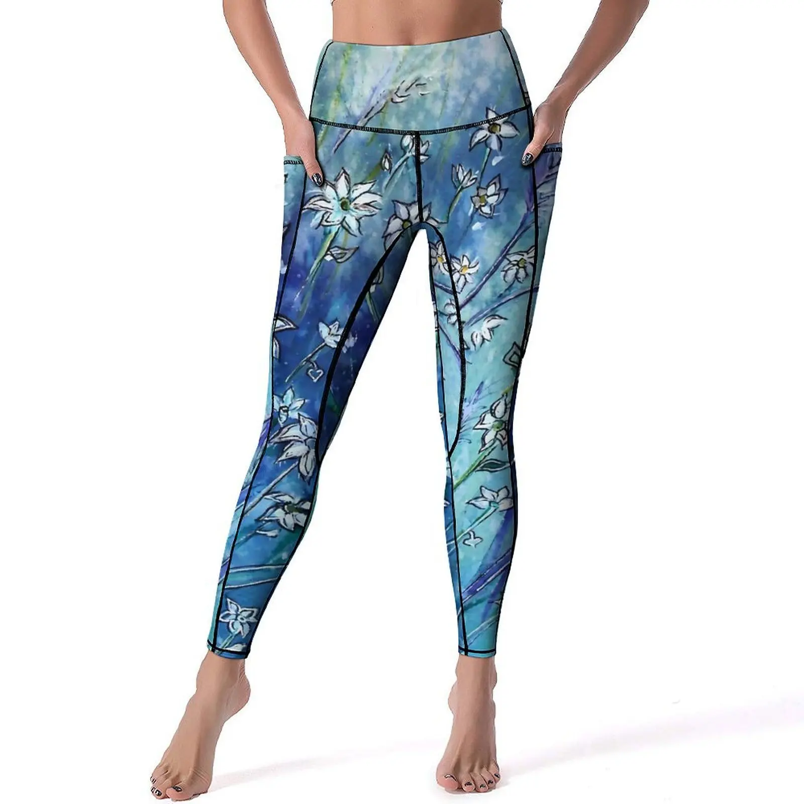 

Retro Blue Fower Yoga Pants Sexy Dainty Daisies Design Leggings Push Up Gym Leggins Female Casual Stretch Sport Legging