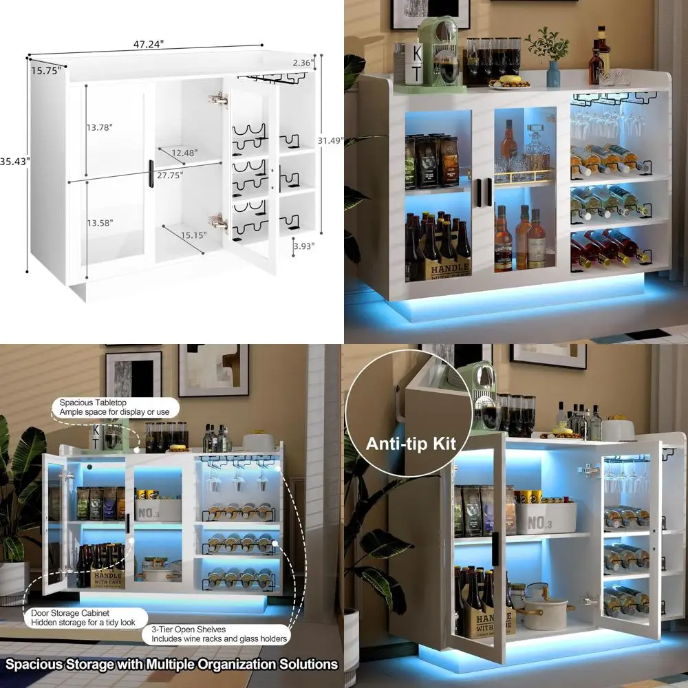 

47 Modern White Wine Bar Cabinet with LED Lighting, Ample Storage, Wine Racks, and Glass Holder for Home, Kitchen, or Dining Are