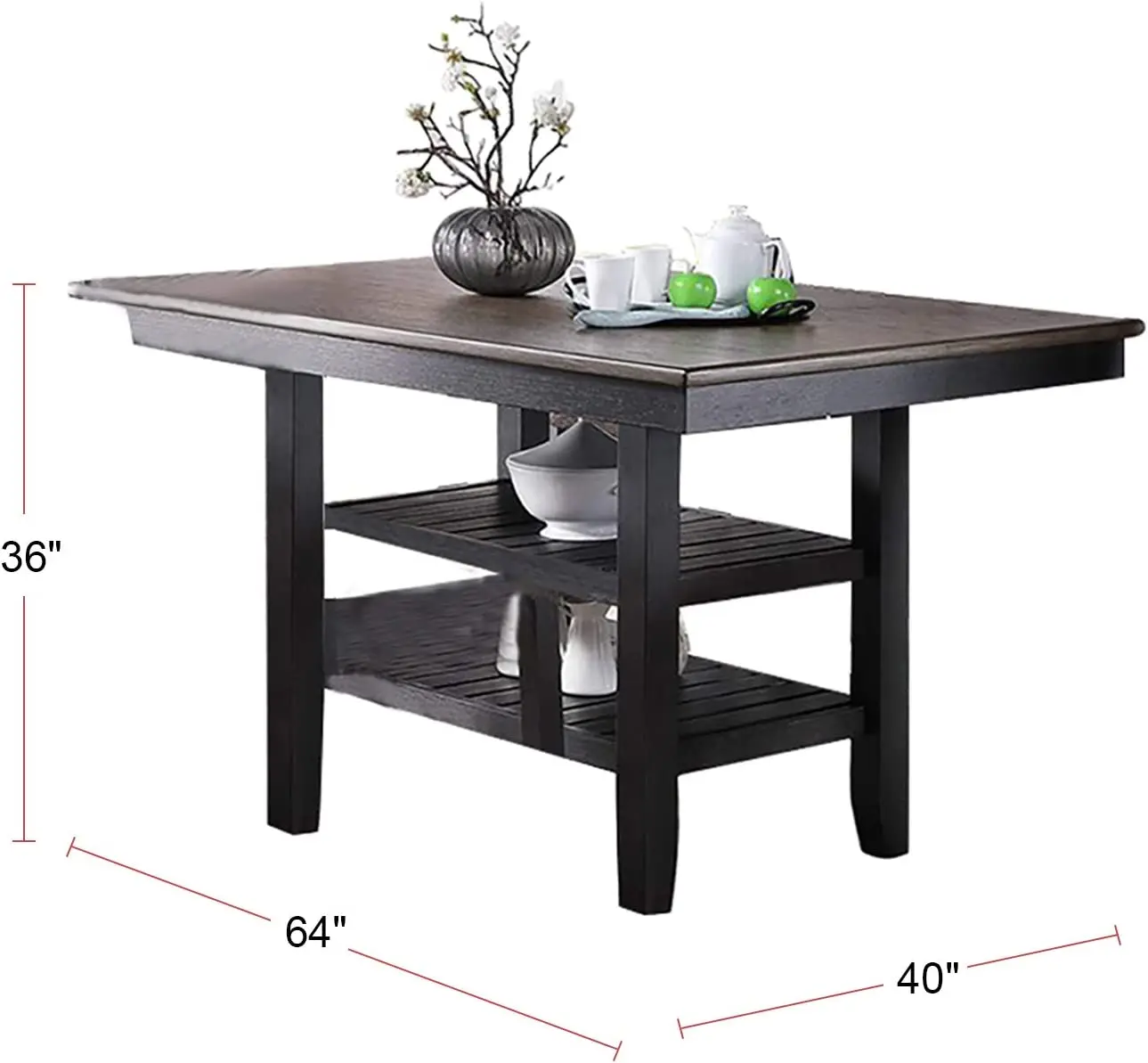 Transitional Dining Room 7pc Set Dark Coffee Rubberwood Counter Height Dining Table w 2x Shelfs and 6x High Chairs Fabric Uphols