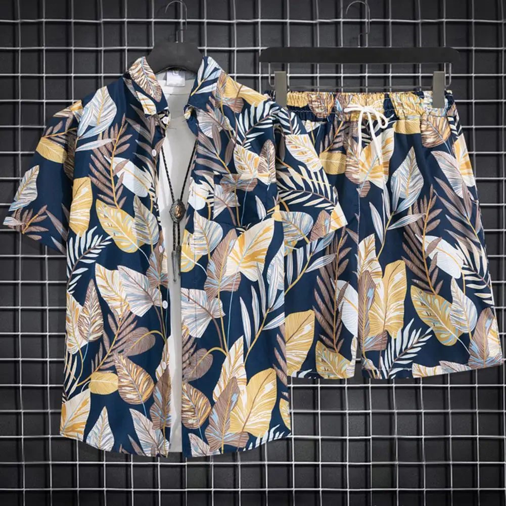 Conjunto de playa Hawaiano con estampado de árbol de Coco para hombre, traje informal de verano, camisa de manga corta con botonadura única, pantalones cortos de pierna ancha con cordón