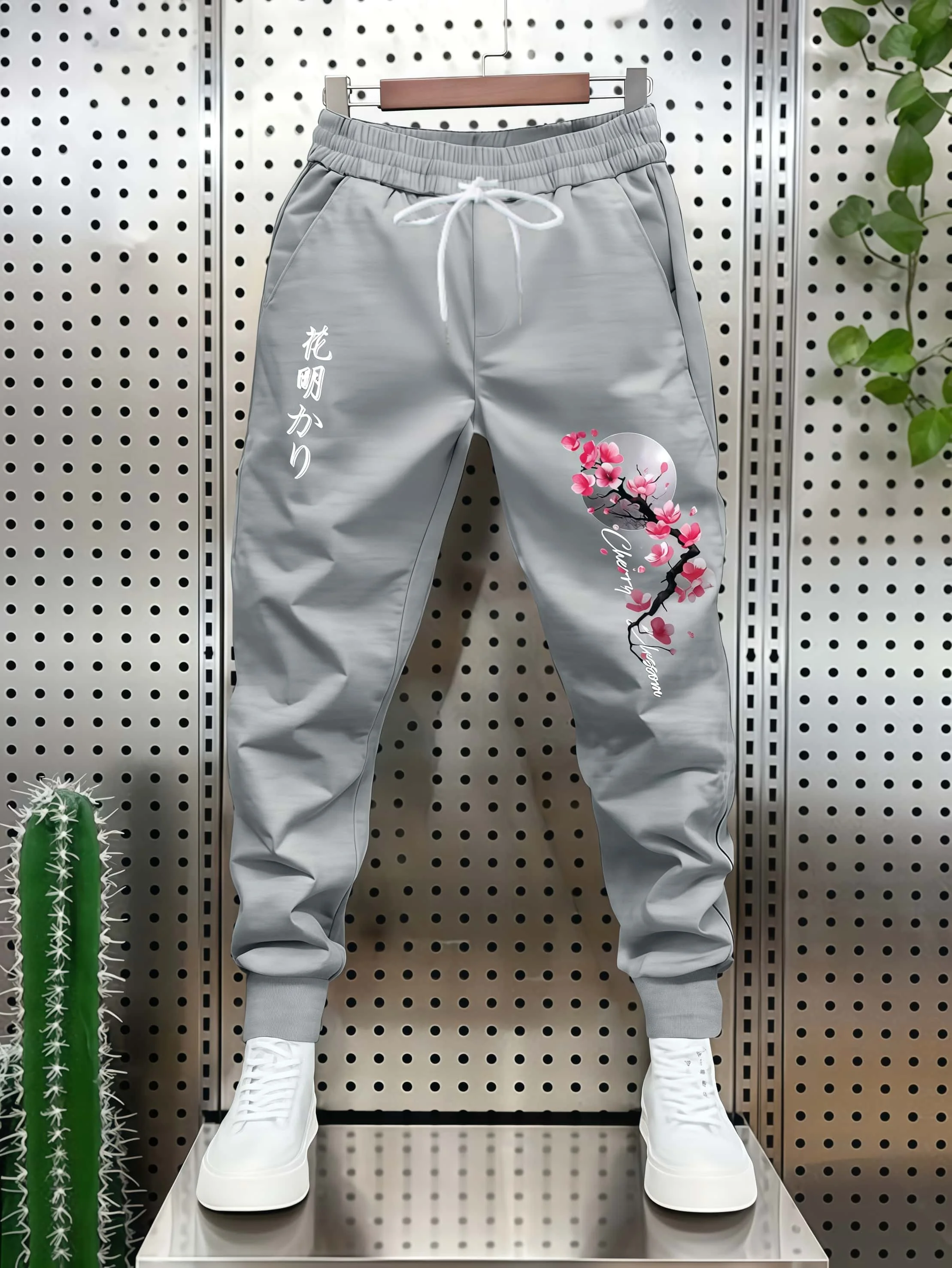 Japanese Style Cherry Blossom Moonlight Printed Ankle Strap Thin Velvet Casual Pants with Elastic Waist Versatile and Casual