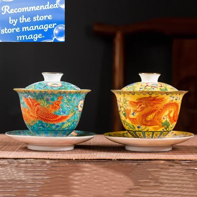

Ceramics Sancai Gaiwan Bowl Dragon and Phoenix Master Cup Tea Cup Handmade Enamel Color Tea Bowl High-end Respect Tea Set