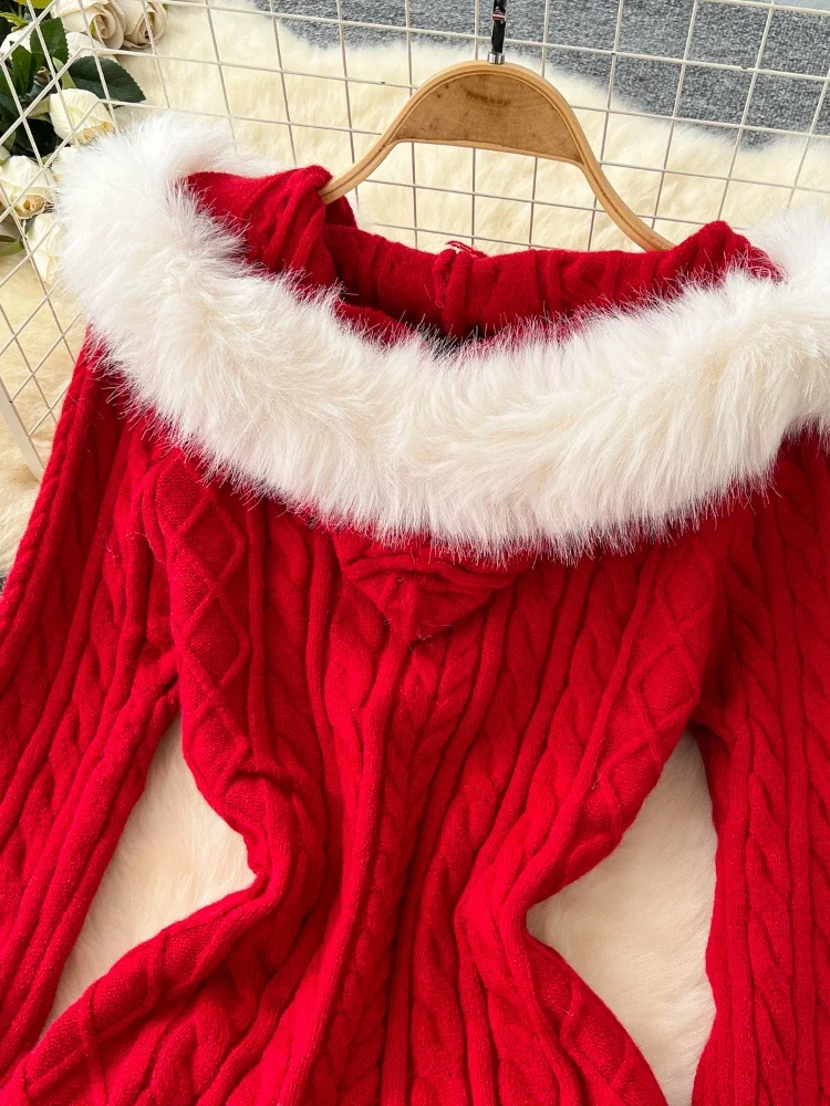 Autumn Winter Warm Knit Dress Women Furry Hooded Buttons Design Elastic Bodycon Christmas Style Chic Hotsweet Festival Clothing