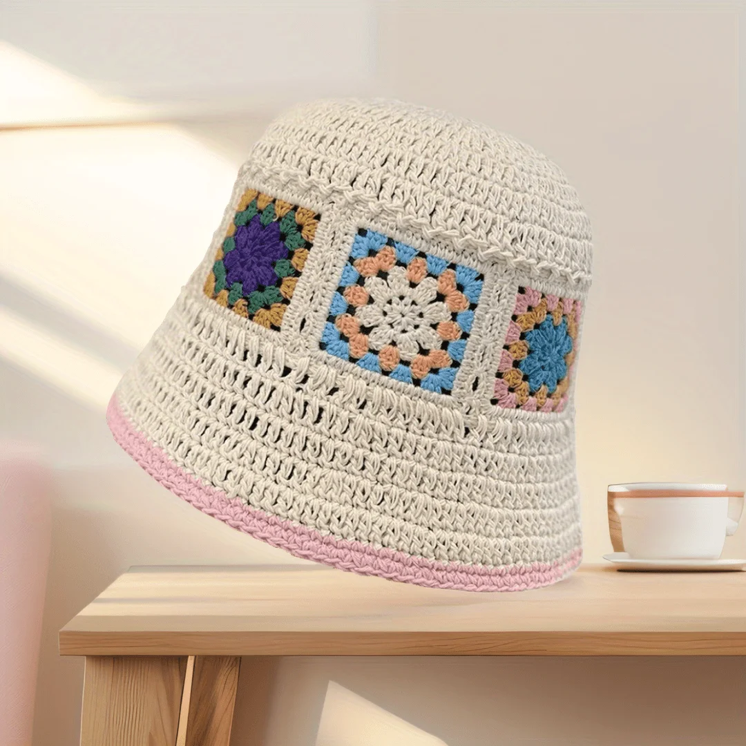 

Colorful Crochet Fisherman Hat Vintage Square Pattern Floral Openwork Breathable for Women Summer Vacation