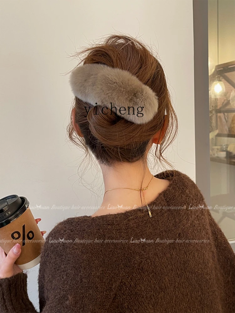 YY Cloud Rex Rabbit Fur Plush Barrettes Female Large Duckbill Clip Autumn and Winter Updo Hair Claw