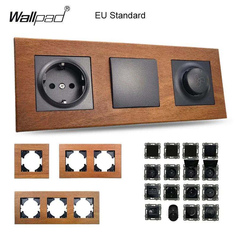 Paneles de pared de madera neutros de la UE, reinicio de ventilador, interruptor eléctrico Retro, toma de corriente europea y francesa con USB tipo A C, salida rápida de datos de TV Cat6