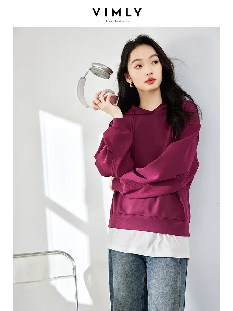 VIMLY American Fashion Solid Hoodies & Sweatshirt Women's Casual O-Neck Loose Hoodie Pullover Woman Simple Commute Streetwear