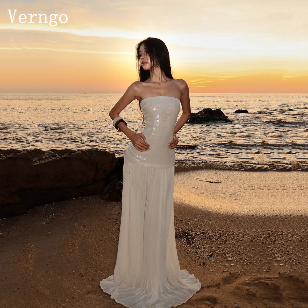 

Verngo Shiny Chiffon Evening Dress Elegant Strapless A Line Prom Dress Flowing Hand-pleated Silk Prom Party Dress Customized