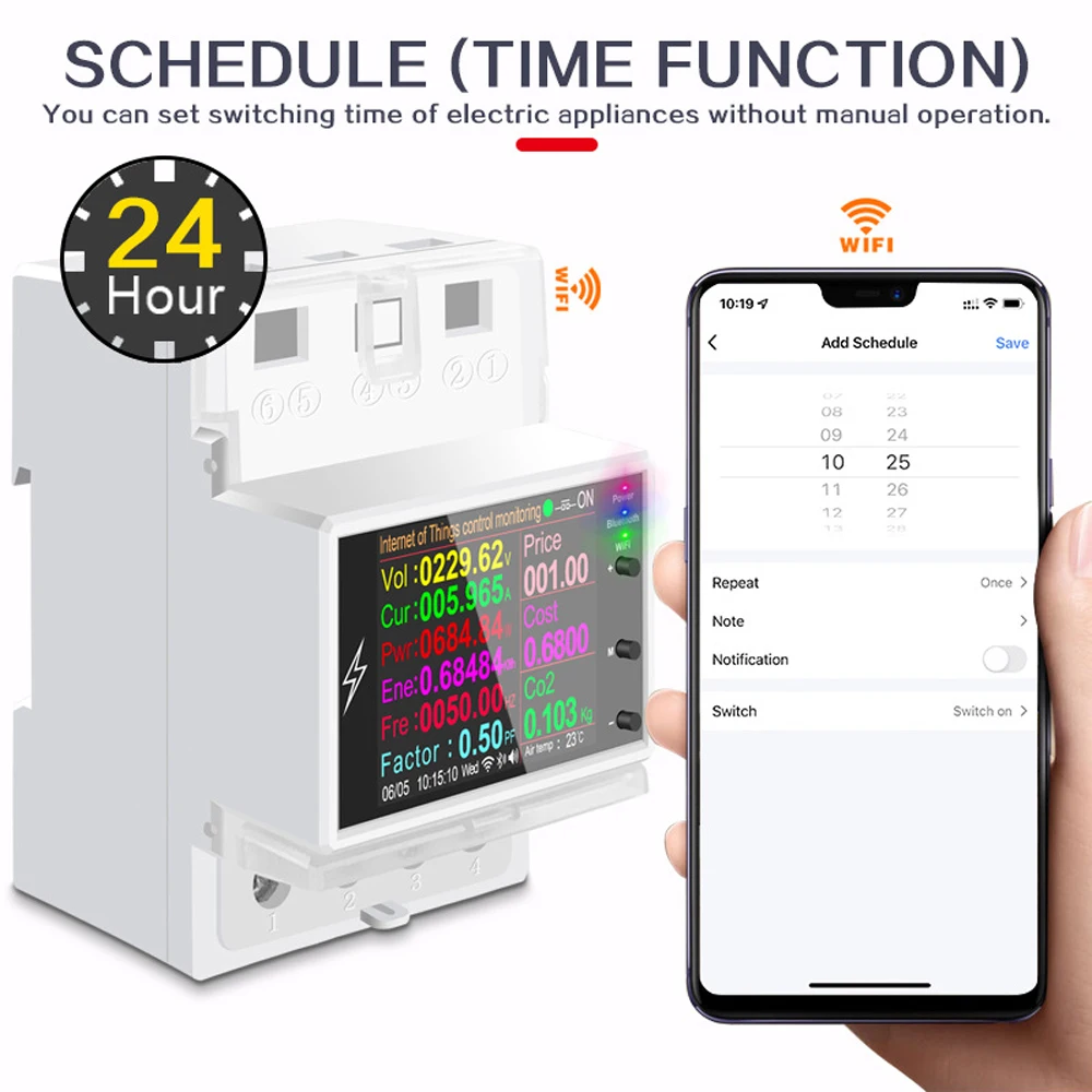 

AT4PW Tuya WIFI Digital Power Energy Meter Din Rail Smart Switch Remote Control AC85-265V Volt Amp Kwh Frequency Factor Meter