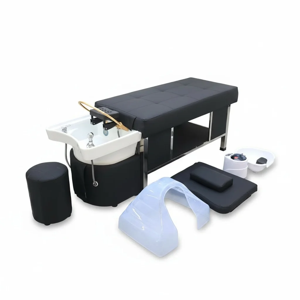 

Thai Shampoo Bed, PU Leather Stainless Steel Head Spa Massage Bed, Water Circulation Ceramic Basin Salon Washing Chair