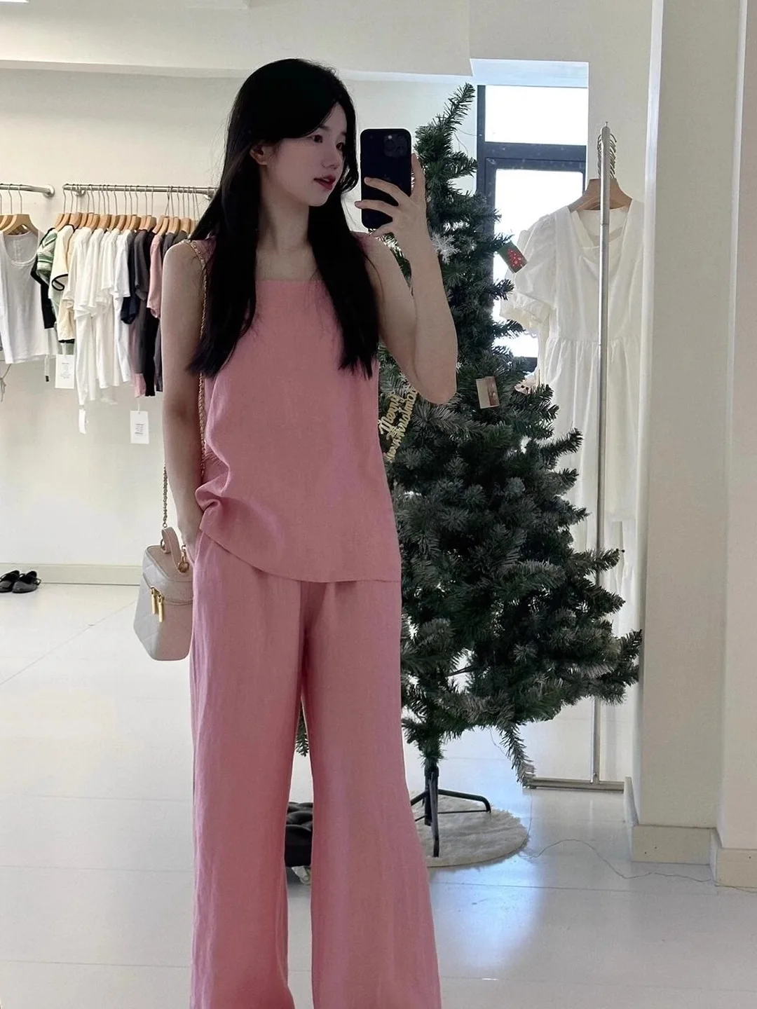 Verão 2025 novo coreano sle casual algodão linho cinta conjunto feminino adolescente sentimento rosa topo calças de perna larga conjunto de duas peças