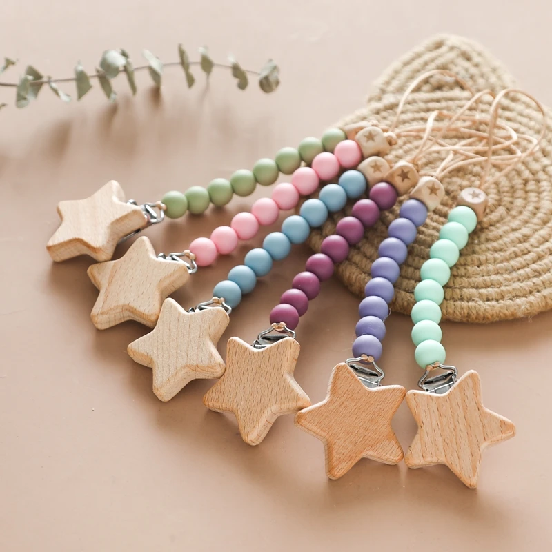 Baby Wooden Star Pacifier Clips Dummy Holder Chain Silicone Chew Beads Teething Nipple Soother Chain For Baby Nursing Chew Toys