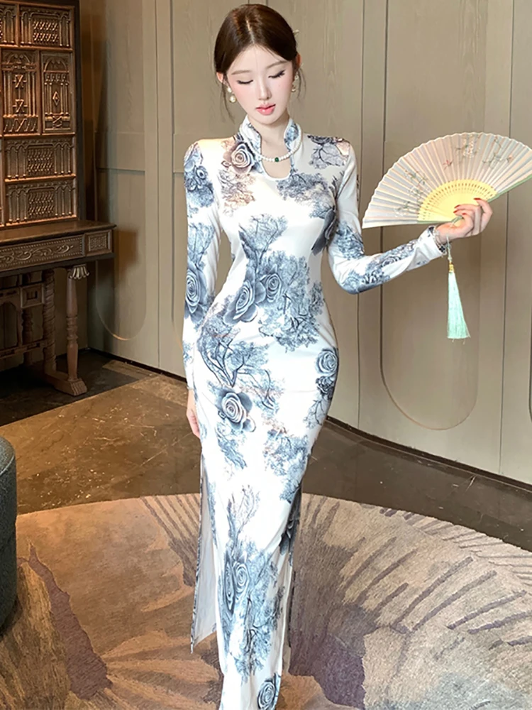 

Women Fashion Floral Long Sleeve Stand Collar Cheongsam Dress 2025 Elegant Bodycon Holiday Dress Autumn Winter Korean Prom Dress