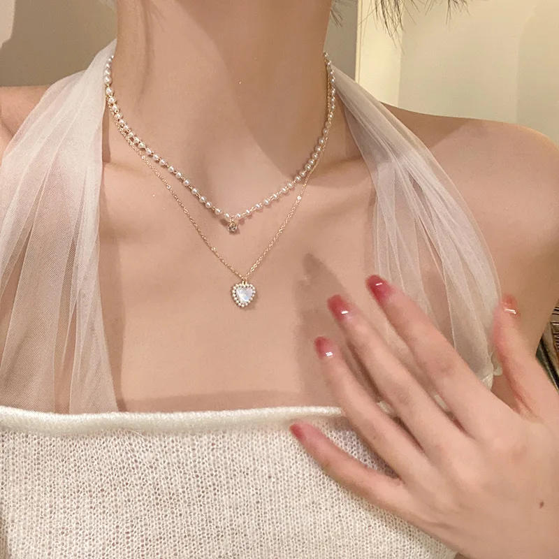 

Summer pearl double-layer love necklace light luxury high-end design master stacked wearing exquisite collarbone chain neck