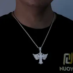 ESKEEM Angel Wings Cross with Diamond Pendant Fashion Personalized Trendy 5A Cubic Zirconia CZ Cross Necklace Hip Hop Jewelry