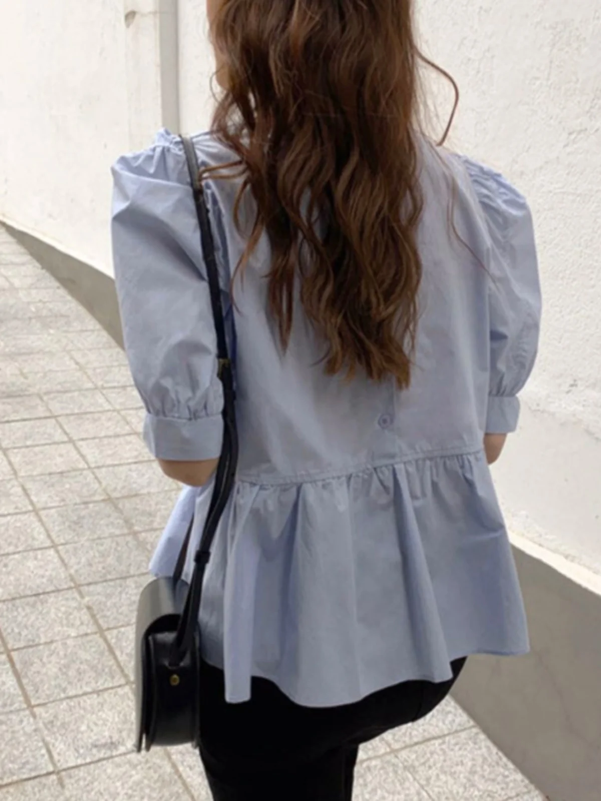 

Korean Sle Chic round Ne ort Sve Doll irt Bubble Sve Fre Summer New Arrival Women's Faion Straight Cut Blouse