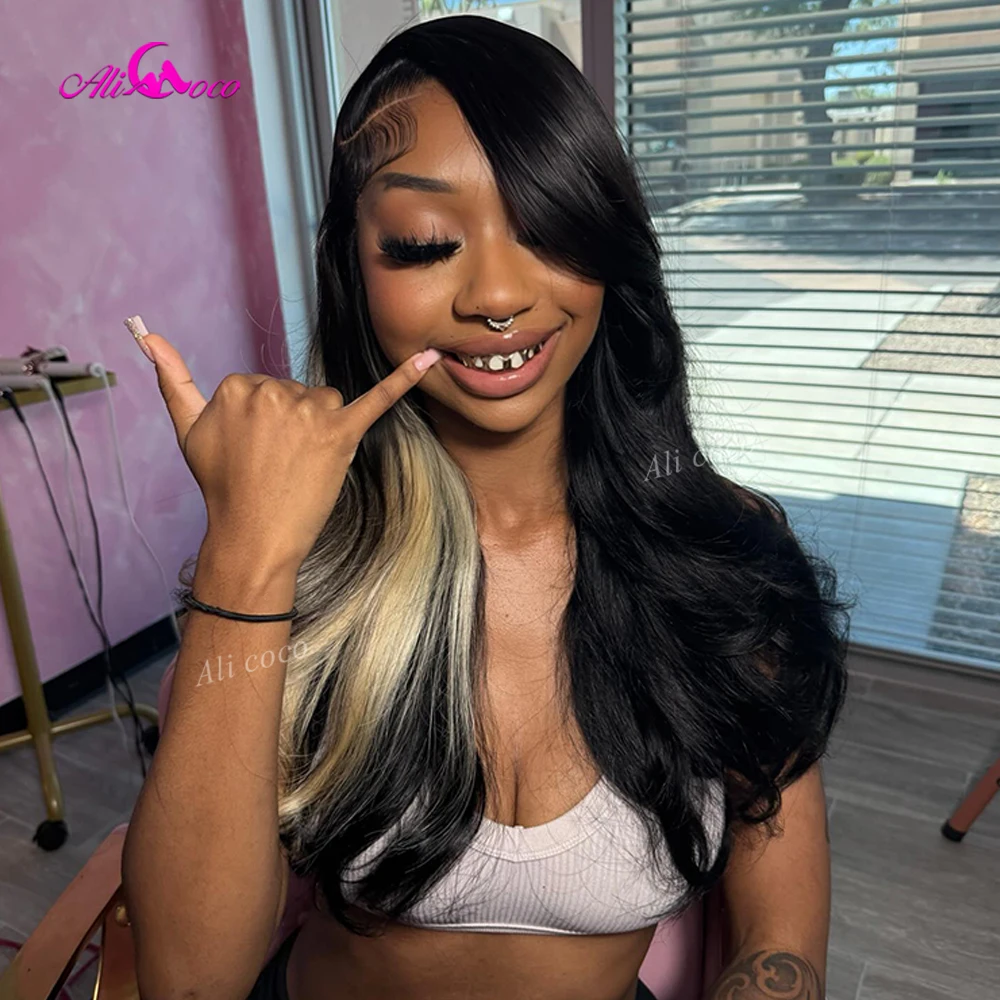 613 Blonde with Black 200 Density HL Invisible HD Pre-cut Lace Front Human Hair Body Wave Drawstring with Tape Wig Remy Glueless - view 5