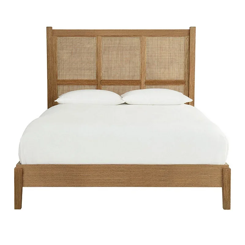 

French solid wood rattan modern simple small apartment bedroom 1.5 meters bed retro black and breakfast 1.8m double bed