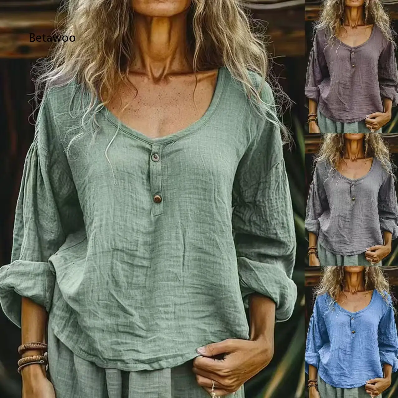 Women U Neck Half Button Blouse Long Rolled Sleeve Loose Fit Casual Textured Daily Wear Shirts Tops
