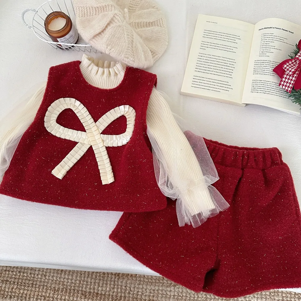 Bear Leader Autumn and Winter New Year Christmas Red Girls' Clothing Bow Decoration Sleeveless Vest Top + Shorts Two Piece Set