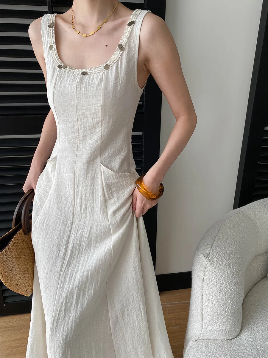 Frühlings- und Sommerkleid für Damen, einfarbig, figurbetont, schmal geschnitten, elegant, Camisole-Kleid – Detail 15
