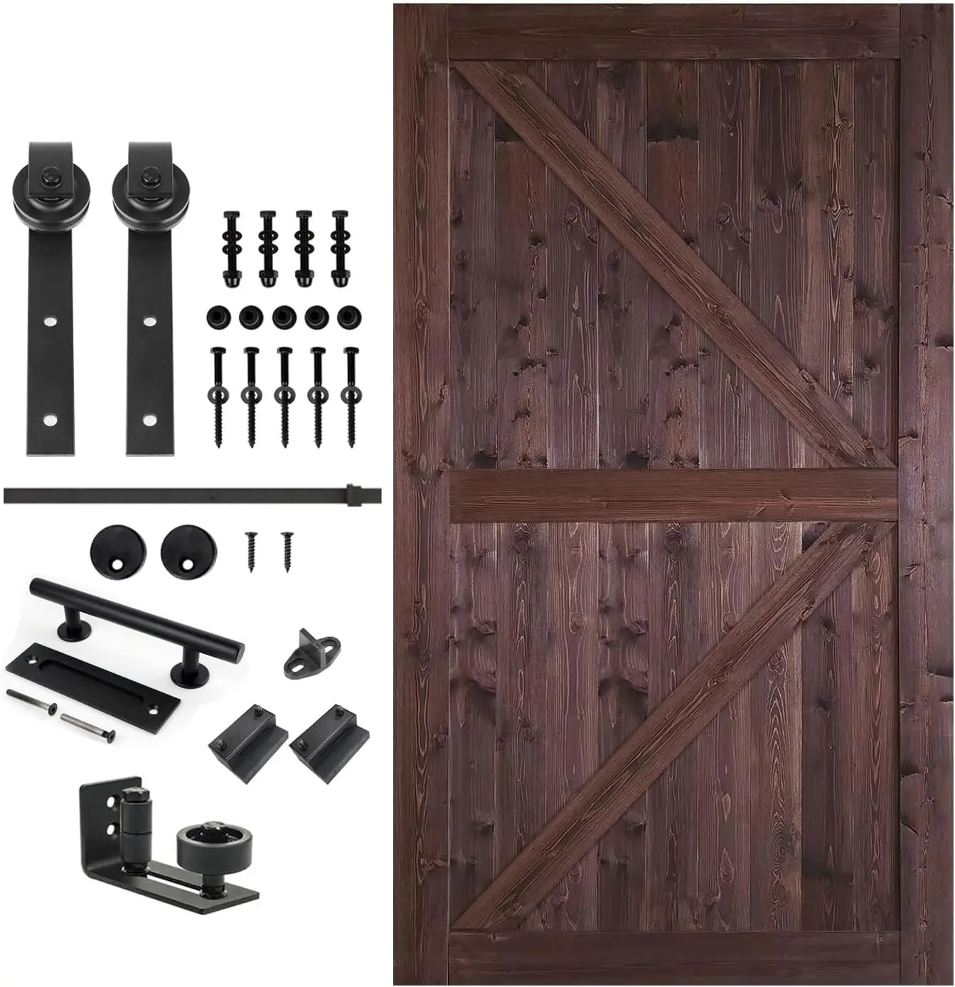 48 in x 84 in Brown British Brace Knotty Barn Door with  Sliding Door Hardware Kit/Double -Sided Door Handle/Sol