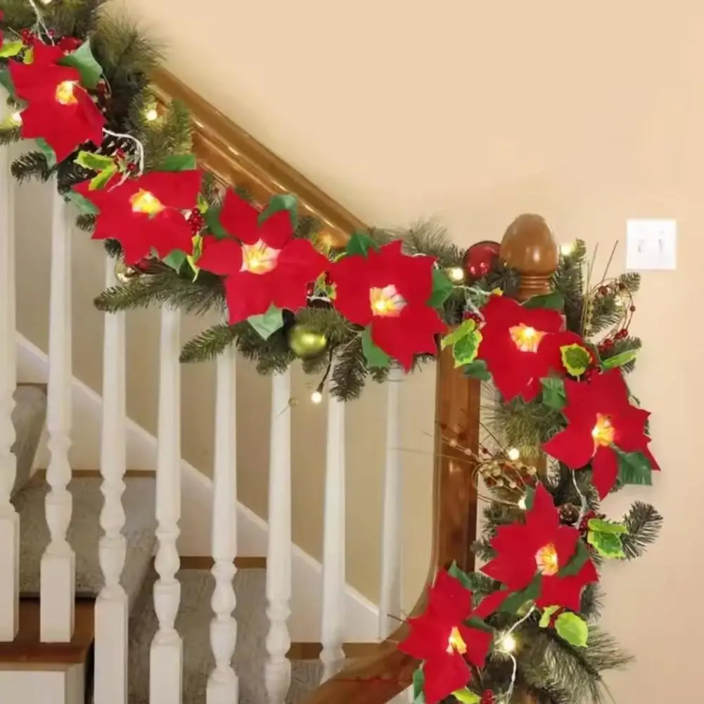 Christmas Poinsettia Garland With LED Lights Artificial Red Flower & Holly Berry For Stairs, Home, Christmas Tree Decoration